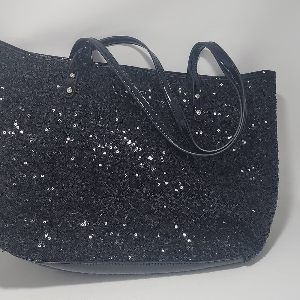 New Sparkly Black Sequined Nine West Tote with Fuschia Pink Interior + Cosmetic
